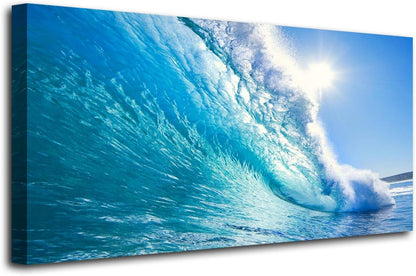 Blue Secape Canvas Prints Wall Art Blue Ocean Wave Surfing Sea Picture Paintings on Canvas, Modern Canvas Art Ready to Hang-24X48 Inches