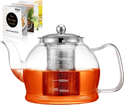 STNTUS Glass Teapot, 40 Oz. / 1200 Ml for Loose Tea, Glass Teapot with Infusers for Loose Tea, Tea Pot for Stove, Teapot with Stainless Steel Strainer, Teapot for 4-6 Cups