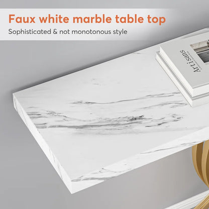 39.37'' White Faux Marble and Gold Metal Console Table Featuring C- Shaped Based