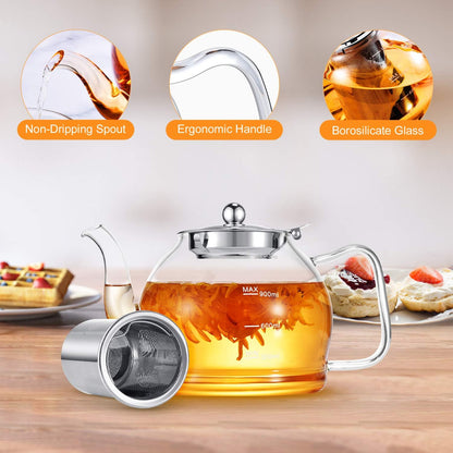 STNTUS Glass Teapot, 40 Oz. / 1200 Ml for Loose Tea, Glass Teapot with Infusers for Loose Tea, Tea Pot for Stove, Teapot with Stainless Steel Strainer, Teapot for 4-6 Cups