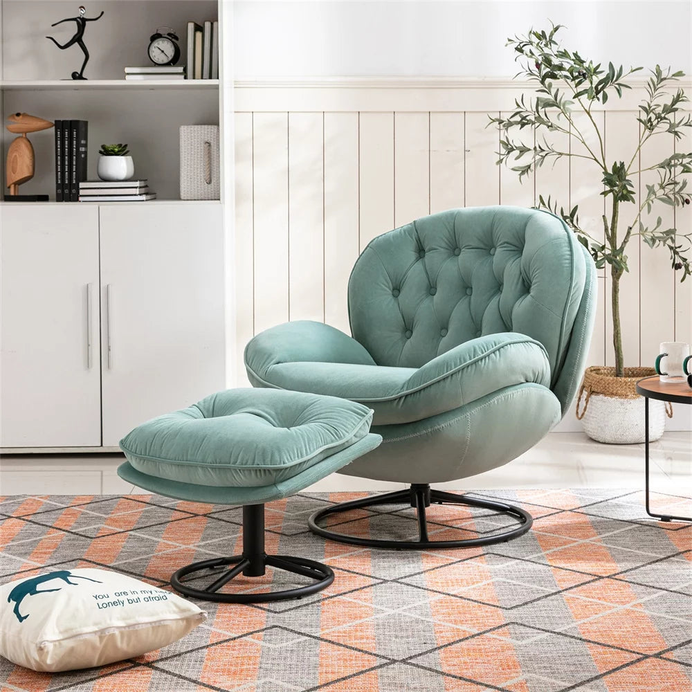 Velvet Swivel Accent Chair with Ottoman Set, Modern Lounge Chair with Footrest and Metal Base Comfy Armchair with 360 Degree Swiveling Single Sofa Chair, Teal