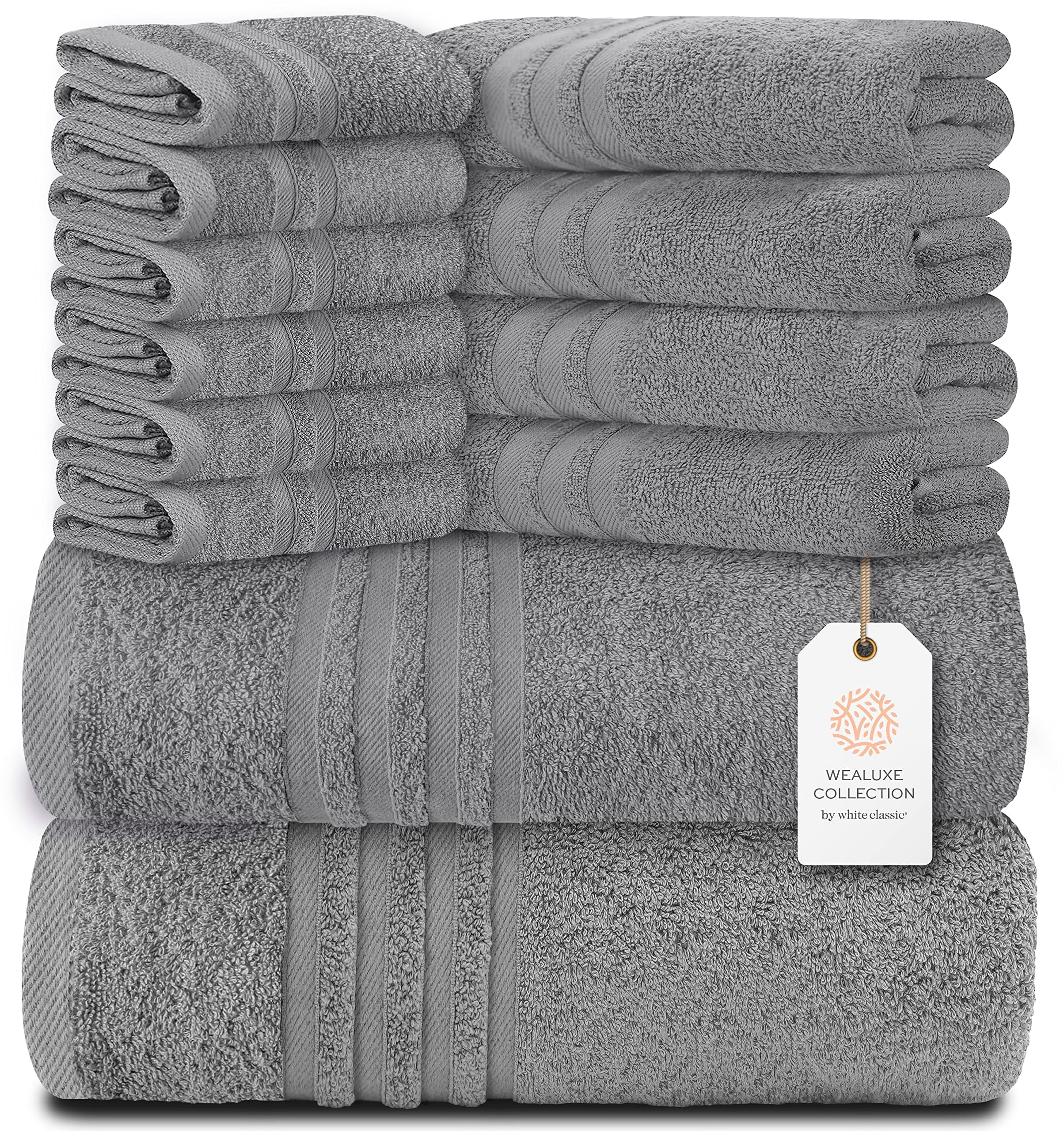 12 Piece Bath Towel Set for Bathroom - Wealuxe Collection 2 Bath Towels, 4 Hand Towels, 6 Washcloths 100% Cotton Soft and Plush Highly Absorbent- Light Gray