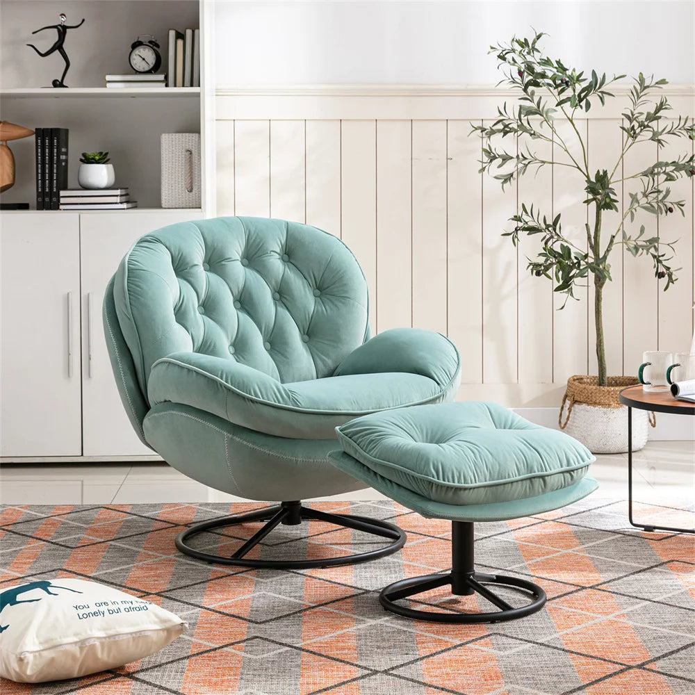 Velvet Swivel Accent Chair with Ottoman Set, Modern Lounge Chair with Footrest and Metal Base Comfy Armchair with 360 Degree Swiveling Single Sofa Chair, Teal