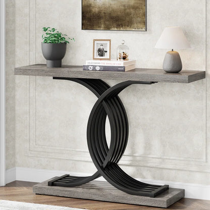 39.37'' White Faux Marble and Gold Metal Console Table Featuring C- Shaped Based