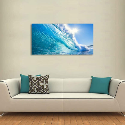 Blue Secape Canvas Prints Wall Art Blue Ocean Wave Surfing Sea Picture Paintings on Canvas, Modern Canvas Art Ready to Hang-24X48 Inches