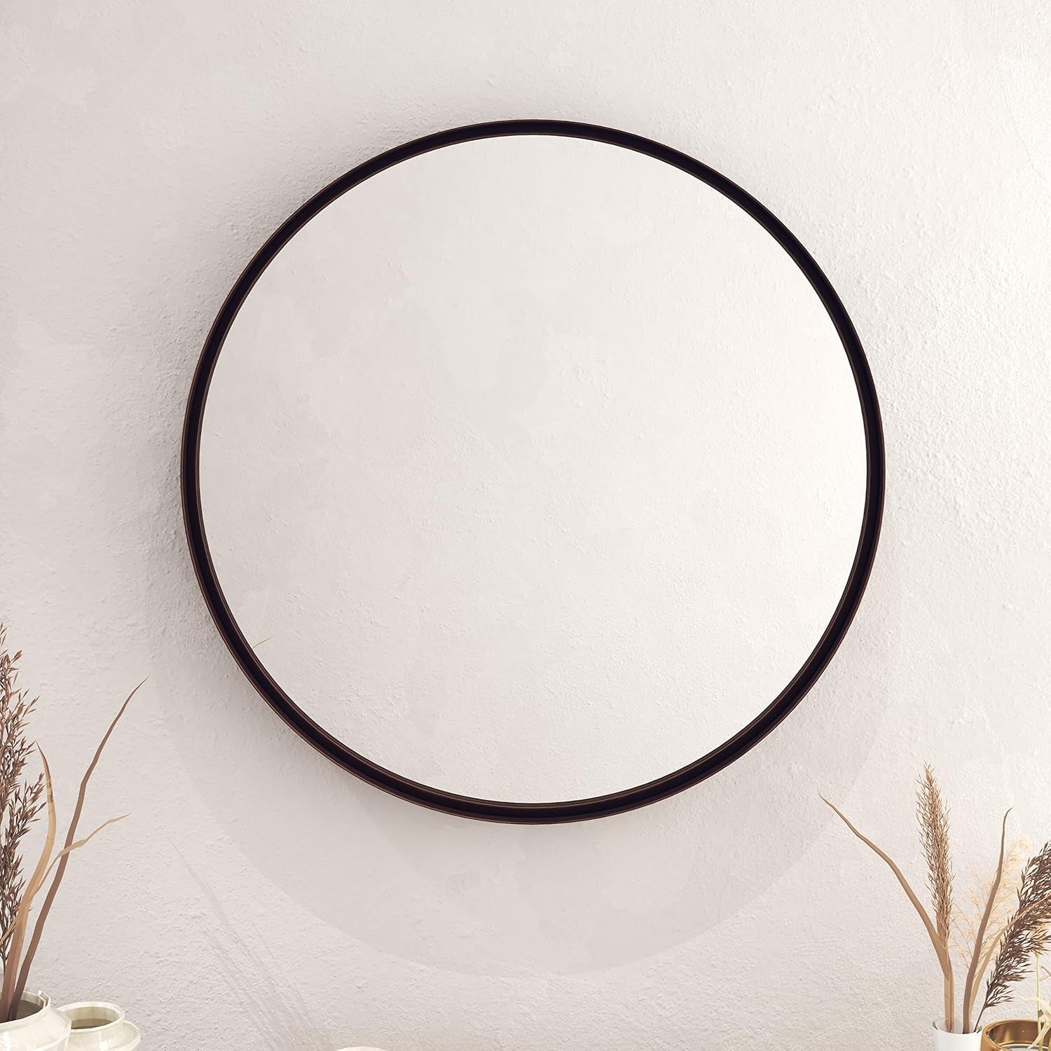 Large round Mirror, 27.5 Inch Brushed Bronze Wall Mirror with Handcrafted Oil Rubbed Frame, Metal Framed Decorative Hanging Mirror